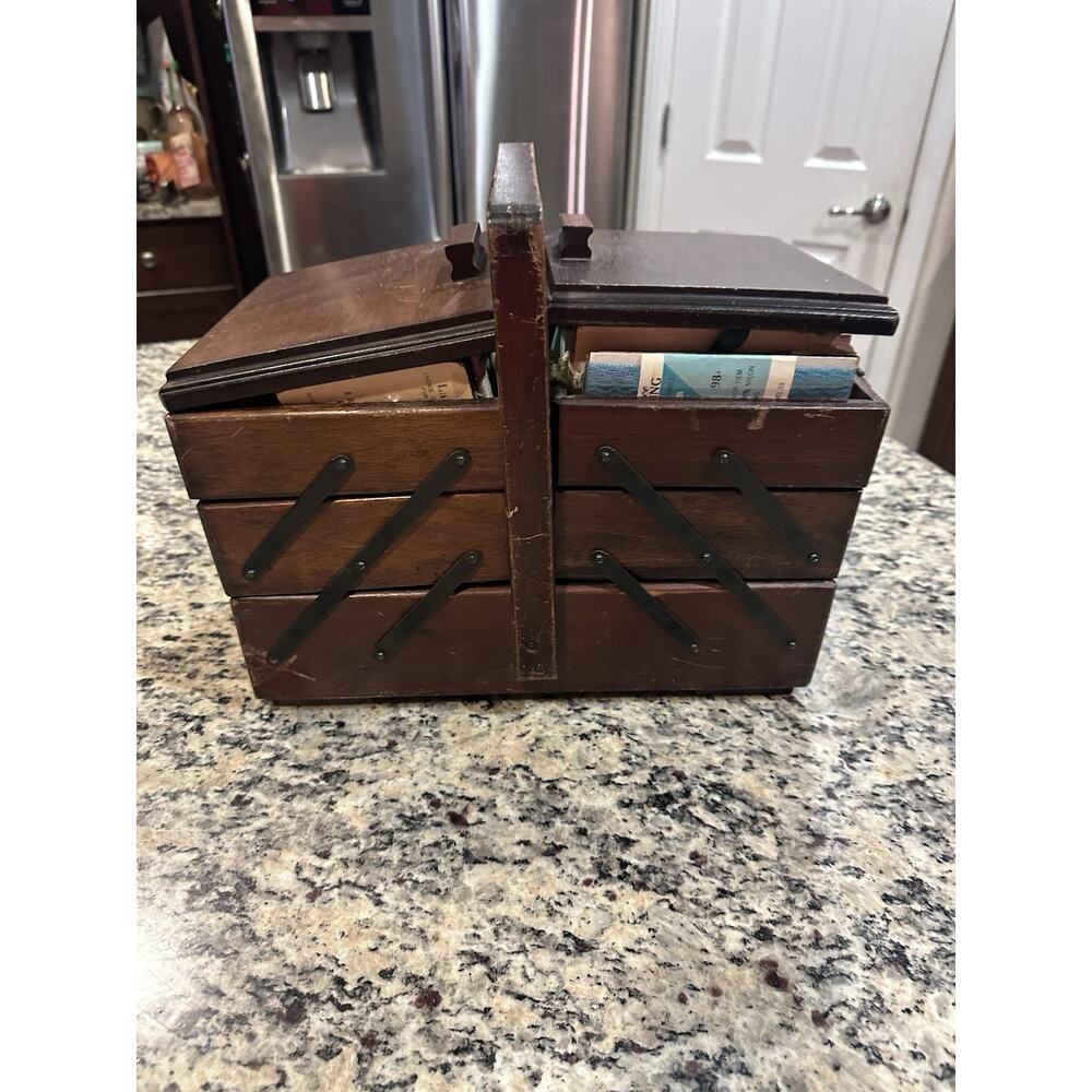 Vintage Wooden Accordion Fold Out Sewing Box With Included Notion *Read